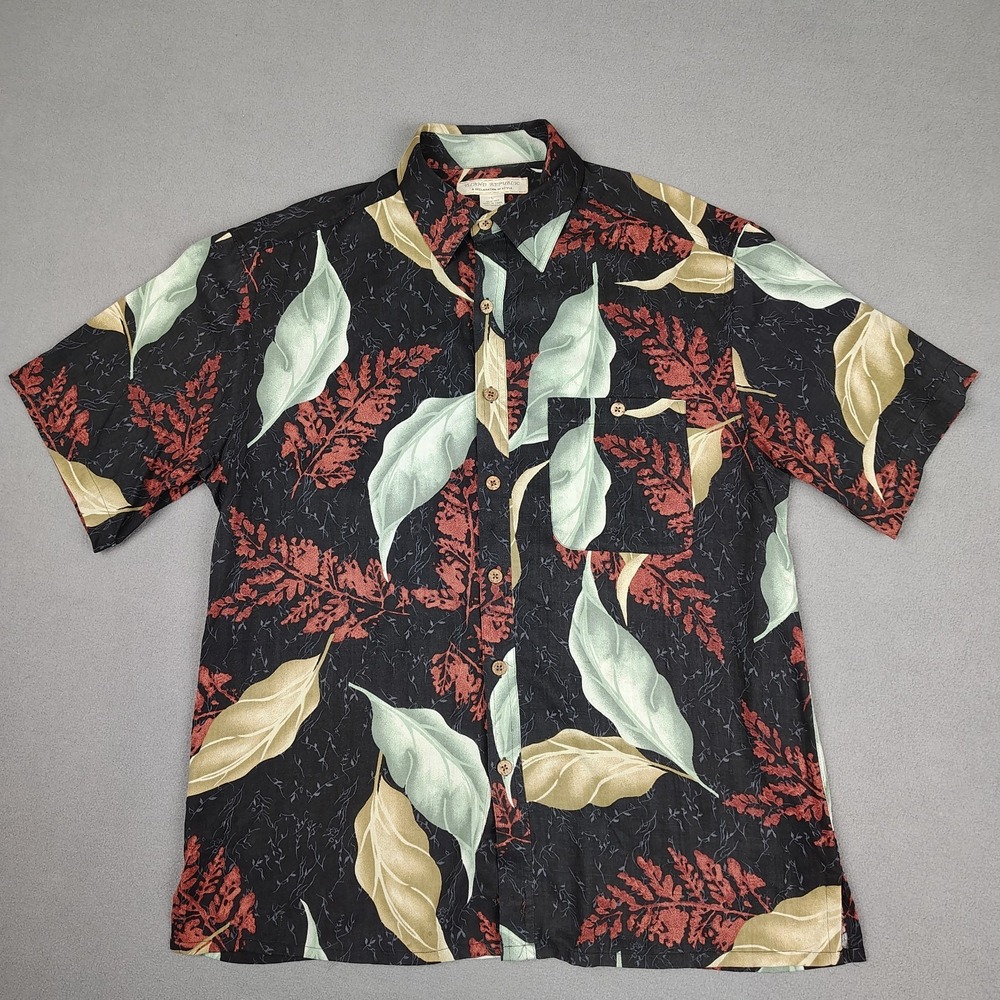 Island Republic 100% Silk Camp Shirt Large Black Textured Leaf Print Cruise EC